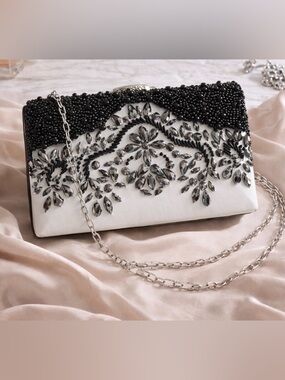 Elegant Beaded Rhinestone Evening Clutch Black/White Chain Strap 7.5 x 5”